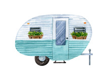 Retro Camper Van With Green Plant Pots Isolated On White Background. Classic Trailer, Vintage House On Wheels. Watercolor Illustration, Hand Dawn Clipart.