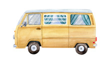 Vintage Yellow Minivan Isolated On White Background, Side View. Watercolor Illustration, Hand Dawn Clipart.