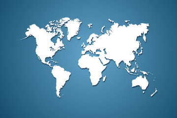 world map white colour with shadow on blue gradient background illustration.
