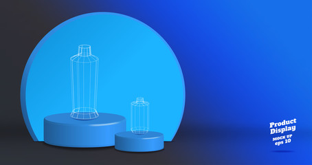 Poster - Vector,Empty vivid blue gradient with grey studio round kiosk stand background ,product display with copy space for display of product Banner for advertise product on online media
