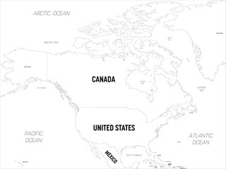  North America map. High detailed political map North American continent with country, capital, ocean and sea names labeling