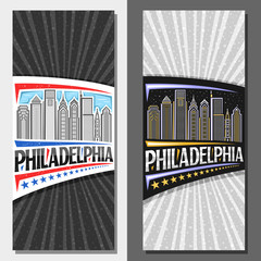 Wall Mural - Vector layouts for Philadelphia, decorative leaflet with line illustration of modern philadelphia city scape on dusk sky background, art design tourist card with unique letters for word philadelphia.