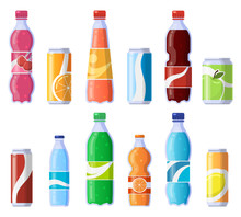 Soft Drink Cans And Bottles. Soda Bottled Drinks, Soft Fizzy Canned Drinks, Soda And Juice Beverages Isolated Vector Illustration Icons Set. Beverage Fizzy Juice, Soda In Plastic And Tin
