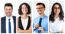 Employees Smiling And Wearing Formal Outfits Compilation Portrait. Female Wearing Acceptable Makeup, Men With Modest Haircuts. Working Environment Appearance Standard Concept. Business Concept.