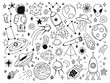 Hand drawn space. Doodle space planets, astrology cosmic doodles, telescope, cosmic rocket, spacecrafts. Universe doodle vector illustration set. Rocket astronaut, spacecraft satellite