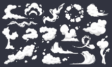Cartoon Smoke Clouds. Comic Smoke Flows, Dust, Smog And Smoke Steaming Cloud Silhouettes Isolated Vector Illustration Set. Wind Silhouette Steaming, Smoke Explosion, Comic Cloud Collection