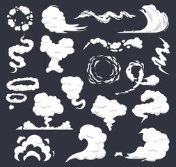 Sticker - Cartoon smoke. Comic clouds, steaming smoke flows, steam explosion cloud. Dust, smog and smoke clouds isolated vector icons set. Explosion smoke white, motion puff cloud illustration