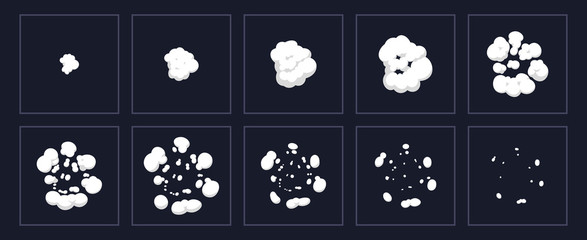 Smoke explosion animation. Cartoon explosion animated shot, explode clouds frames. Exploding effect storyboard isolated vector illustration set. Movement puff effect, flash motion boom