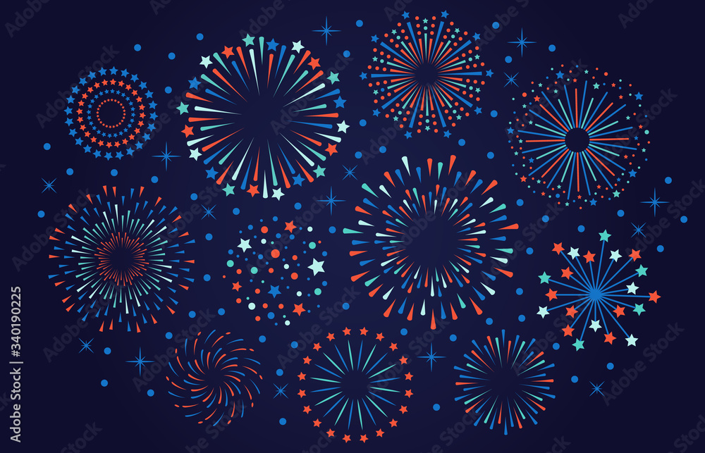 Celebration 4th July USA fireworks. Festival firecracker, colorful fireworks explosions, carnival party firework vector illustration. Firework celebration explosion, explosive firecracker - obrazy, fototapety, plakaty 