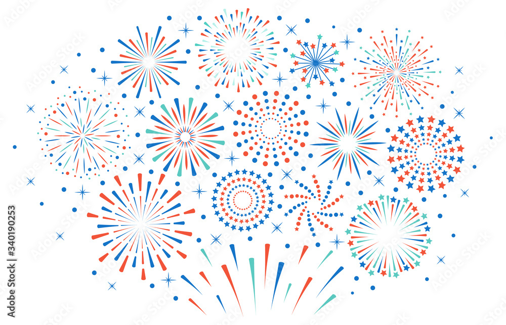 Happy 4th July fireworks. Celebration firework explode, carnival party firecracker explosions. Colorful festival fireworks vector illustration. Sparkle firecracker, graphic explosive sparkling - obrazy, fototapety, plakaty 