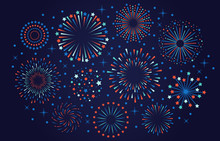 Celebration 4th July USA Fireworks. Festival Firecracker, Colorful Fireworks Explosions, Carnival Party Firework Vector Illustration. Firework Celebration Explosion, Explosive Firecracker