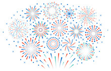 Happy 4th July Fireworks. Celebration Firework Explode, Carnival Party Firecracker Explosions. Colorful Festival Fireworks Vector Illustration. Sparkle Firecracker, Graphic Explosive Sparkling