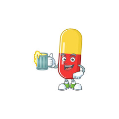 Poster - Happy red yellow capsules mascot style toast with a glass of beer