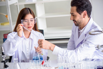 Wall Mural - attractive happiness scientist lab technician assistant analyzing sample in test tube at laboratory.