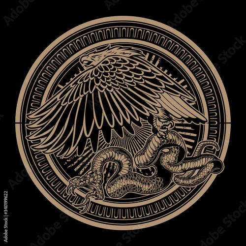 Cuadros en Lienzo Snake and Eagle on circle Gold Vintage vector logo design illustration