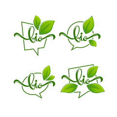 Bio Product, organic leaves emblems, stickers,  frames and logo with lettering composition