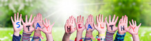 Kids Hands Holding Colorful English Word Stay Healthy. Sunny Green Grass Meadow As Background