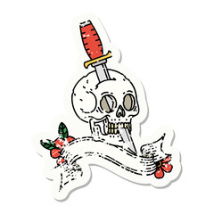 grunge sticker with banner of a skull and dagger