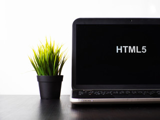 Wall Mural - html5 programming language. programming training, the concept of computer courses. laptop on the tab