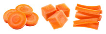 Carrot Isolate. Carrots On White Background. Carrot Slice, Sticks, Cubes.