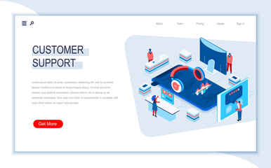 customer support isometric landing page. call center service, online assistance and consultation, in