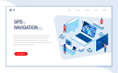 Poster - GPS navigation isometric landing page. Geolocation and navigation system, global orientation, route and direction. Digital technology and devices. Busy people in work situation 3d vector isometry.