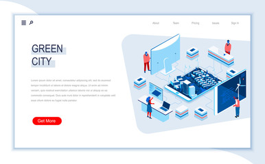 Green city isometric landing page. Ecology conservation, environment and sustainable, renewable resources end green energy. Digital technology and devices. People in work situation 3d vector isometry.