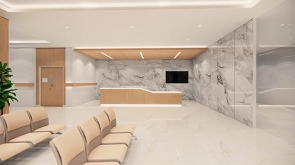 3d rendering. Interior hospital modern design . Counter and Waiting area  Empty Reception Medical practice concept.4k