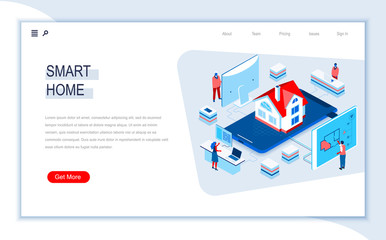 Aufkleber - Smart home isometric landing page. Online home control, monitoring and management, house system automatization. Digital technology and devices. Busy people in work situation 3d vector isometry.