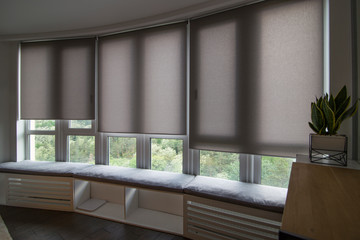 Poster - Motorized roller shades in the interior. Automatic roller blinds beige color on big glass windows. Home luxury curtains are above the windowsill with pillows. Smart house. Green trees outside.