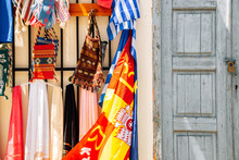 Street Souvenir Shop, Colorful Scarves And Bags In Athens, Greece