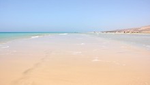 Calm Seashore At Empty Sotavento Beach On Sunny Day In Fuerteventura, Spain. Nobody At Jandia Coastline In Canary Islands. Paradise Destination, Summer Vacation, Natural Landscape Concepts