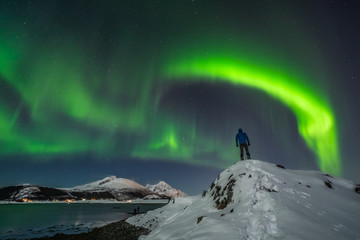 amazing aurora borealis during a cold arctic night on lofoten islands archipelago in winter, norway,