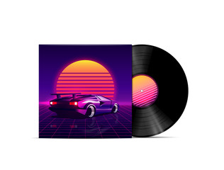 Wall Mural - Retrowave, vaporwave, synthwave, dreamwave, outrun style music playlist or album cover design with vinyl disk mockup with retro sunset and 80s supercar. Vector illustration