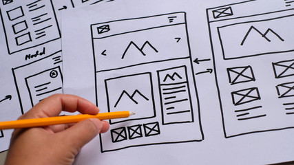 Wall Mural - user experience design, desk with paper sketches for mobile interface.