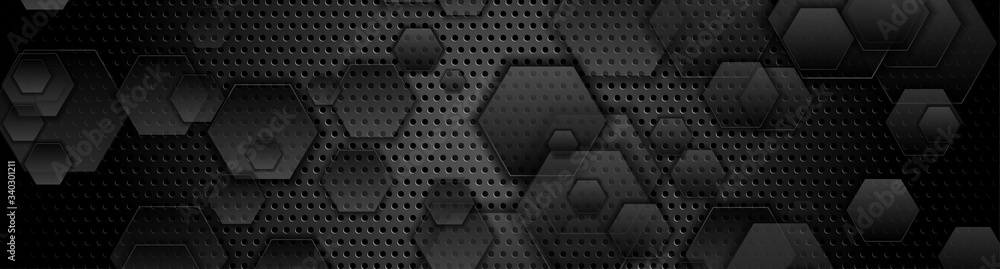 Black hexagons on dark perforated metallic background. Abstract technology banner design. Vector illustration - obrazy, fototapety, plakaty 