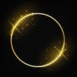 Circle shiny golden frame. Glowing round border with magic sparkles greeting cards. Vector template festive gold round shapes on transparent background