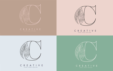 Outline Letter C Logo icon with Wired Leaf Concept Design on colorful backgrounds.