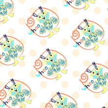 Seamless Pattern With  Unique Owl  Whoo With Background With Polka Dots. Cute Owl Vector Seamless Clipart Elements Isolated On White Perfect For Print And All Kinds Of Children Design.