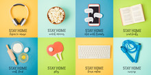 Stay At Home Concept For Social Media Awareness And Coronavirus Prevention. Doing Different Activities At Home Concept.
