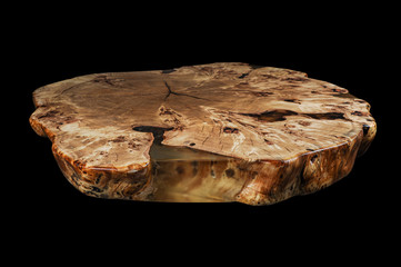 Wall Mural - Solid elm countertop. Wood surface cross section of elm tree. Live slab. Isolated on a black. Woodworking, carpentry production. Furniture manufacture. Wooden table with epoxy resin filling.