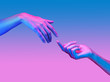 Two hand in a pop art collage style in neon bold colors. Modern psychedelic creative element with human palm for posters, banners, wallpaper. Copy space for text. Magazine style. Zine culture.