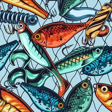 Fishing Baits And Lures Seamless Pattern