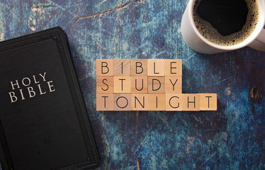 Canvas Print - Bible Study Tonight Written in Block Letters on a Blue Wood Table with a Bible