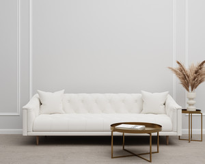 White Tufted Sofa Couch Mid-Century Modern Living Room Blank Empty Wall Copy Space