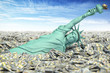Crisis and inflation in USA, no limit on Fed money injections. Statue of Libety falls to pile of dollar packs.