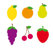 Set Of Fruit. Cartoon Flat Style, Simple Colorful Design. Isolated On White Background. Doodle Fruits. Natural Tropical Fruit, Doodles Citrus Orange And Vitamin Lemn, Pear And Grape.