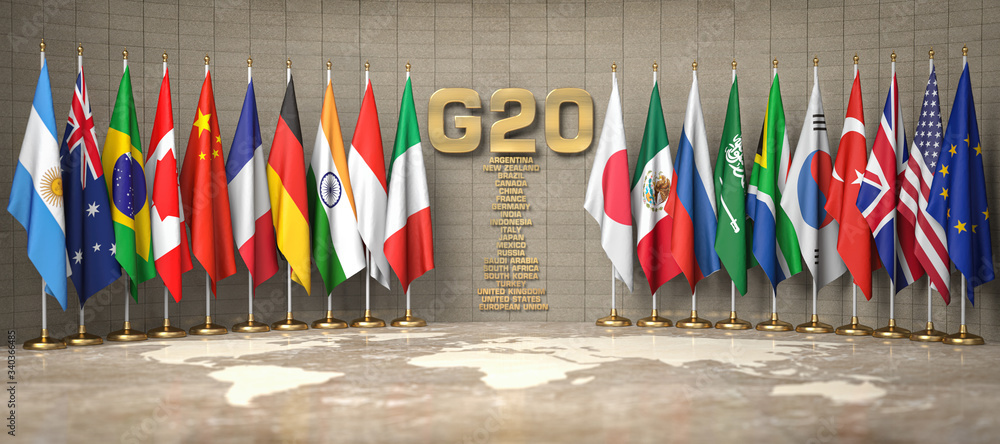 20 Members G20 summit or meeting concept. Row from flags of members of G20 Group ...
