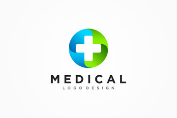 Wall Mural - Medical Logo Healthcare Symbol. White Cross Sign Negative Space with Green Blue Circle Origami isolated on White Background. Flat Vector Logo Design Template Element.