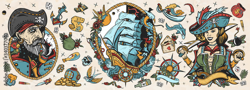 Fotomural Old school tattoo vector collection